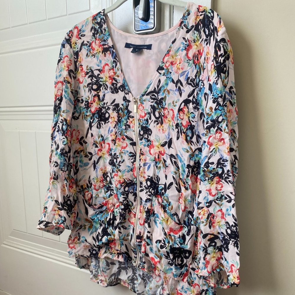 Blue, Black and Pink Floral Blouse with Gold Zipper
